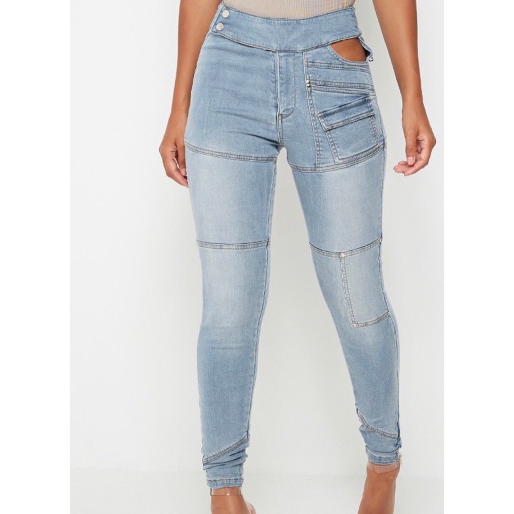 CUT OUT WAIST SKINNY JEANS - MID BLUE